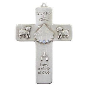 WALL CROSS - 5" - BAPTISM-BLUE CRYSTALS ON PEWTER