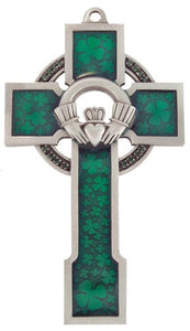 Cross - 5" Celtic with Claddagh - Green Enamel and Pewter
