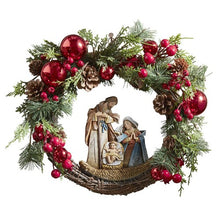 Load image into Gallery viewer, NATIVITY  WREATH - RED BULBS, BERRIES &amp; PINECONES - EVERGREENS
