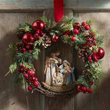 Load image into Gallery viewer, NATIVITY  WREATH - RED BULBS, BERRIES &amp; PINECONES - EVERGREENS
