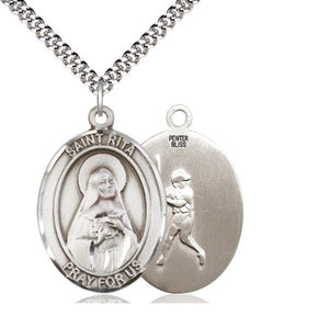 BASEBALL PENDANT - ST RITA - PEWTER OVAL - 24" CHAIN