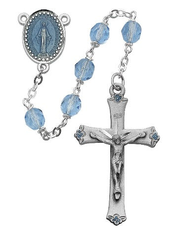 ROSARY - 7MM BLUE GLASS BEADS - PEWTER CRUCIFIX AND CENTER