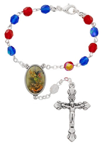 AUTO ROSARY - ST MICHAEL - RED & BLUE GLASS