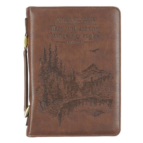 BIBLE COVER - (M) ON WINGS LIKE EAGLES - BROWN FAUX LEATHER
