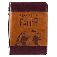 Load image into Gallery viewer, BIBLE COVER - (M) STAND FIRM IN FAITH - BROWN WITH BEAR
