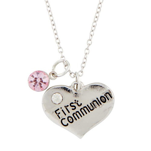 FIRST COMMUNION PENDANT - HEART WITH PINK CYSTAL - 18