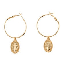 Load image into Gallery viewer, EARRINGS - MIRACULOUS MEDAL - GOLD TONE HOOPS
