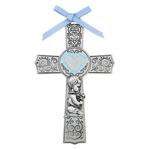 BAPTISM - 6" ANTIQUE SILVER PLATE CROSS - BOY AND BLUE RIBBON
