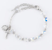 Load image into Gallery viewer, CHILD BRACELET - 6MM CLEAR SWAROVSKI CRYSTAL BUTTERFLY - PEWTER MEDALS
