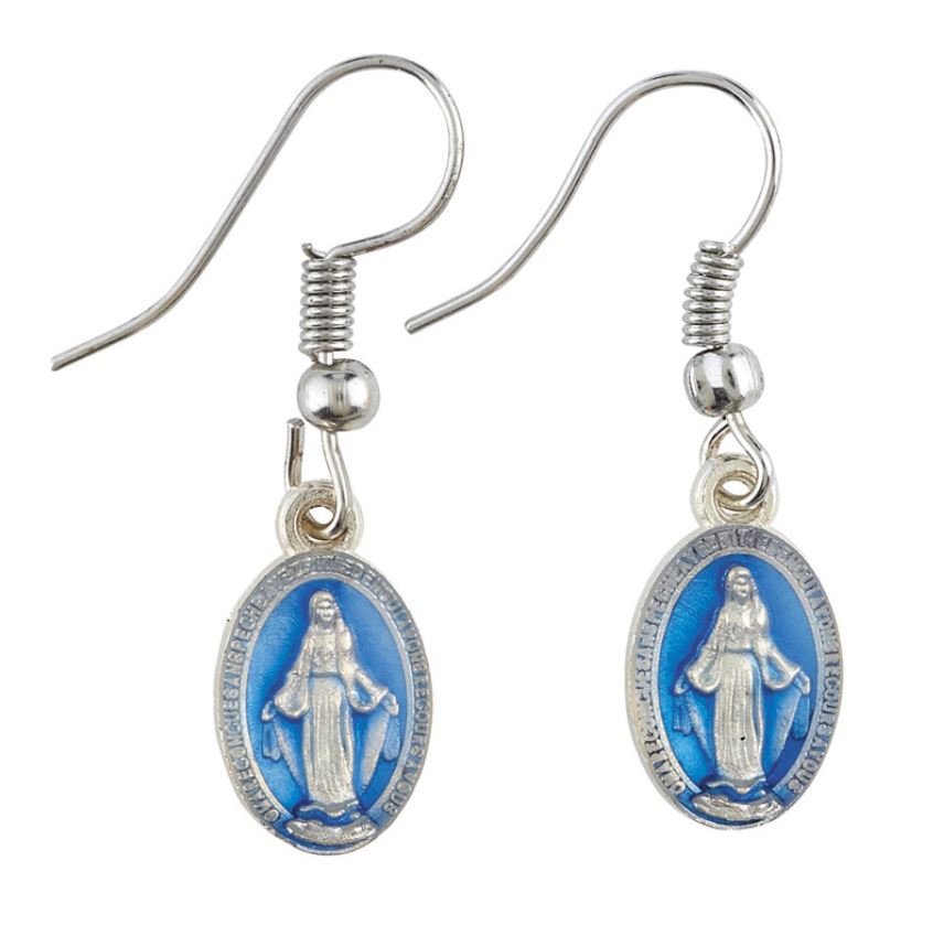 EARRINGS - MIRACULOUS MEDAL WITH BLUE ENAMEL – Gospa Missions