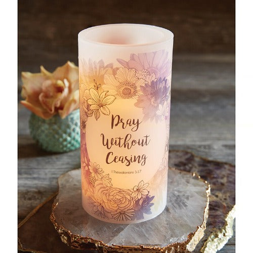 LED CANDLE - PRAY WITHOUT CEASING - PURPLE FLOWERS