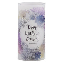 Load image into Gallery viewer, LED CANDLE - PRAY WITHOUT CEASING - PURPLE FLOWERS
