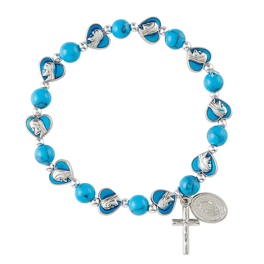 BRACELET - BLUE TURQUOISE AND BLESSED MOTHER HEARTS