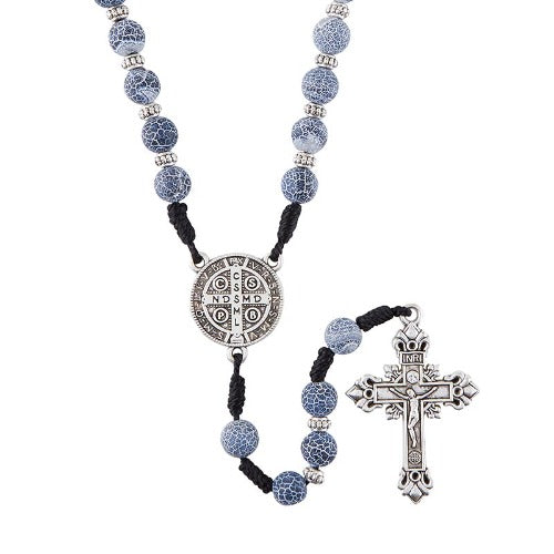 ROSARY - ST BENEDICT - 8MM STONE BEADS - SILVER PLATE