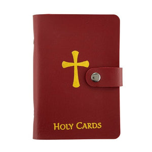 HOLY CARD HOLDER - MAROON IMITATION LEATHER -  HOLDS 40 CARDS