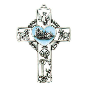 BAPTISM - WALL CROSS - 5" PEWTER WITH BLUE ENAMEL HEART