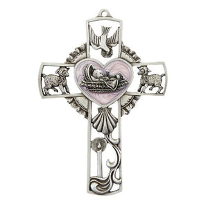 BAPTISM - WALL CROSS - 5" PEWTER WITH PINK ENAMEL HEART
