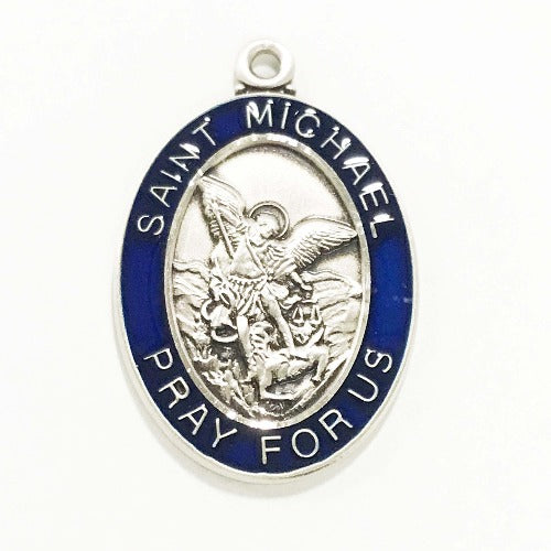 ST MICHAEL MEDAL - SS WITH BLUE EPOXY - 24" CHAIN