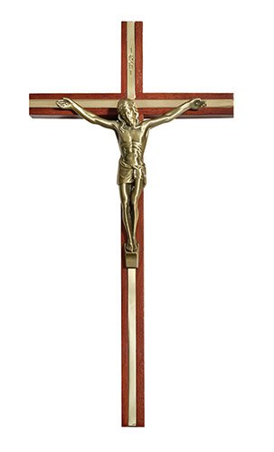 Wall Crucifix 10" Walnut with Gold Finish Inlay and Corpus