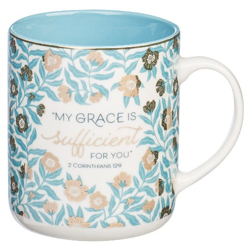 MUG - MY GRACE IS SUFFICIENT  - TEAL & GOLD FLORAL - 14 OZ