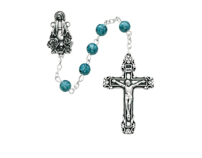 ROSARY - 6MM BLUE GLASS BEADS - OXIDIZED CRUCIFIX & MEDAL
