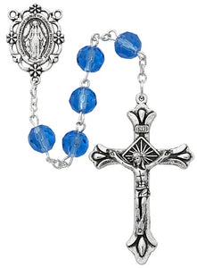 ROSARY - 8MM BLUE GLASS BEADS - OXIDIZED CRUCIFIX & MEDAL