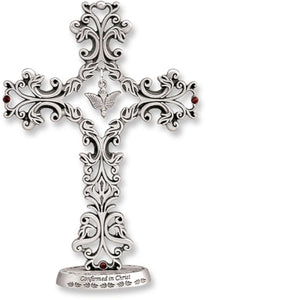 CONFIRMATION STANDING CROSS - DOVE AND RED CRSYTALS - 5" FILIGREE DESIGN METAL