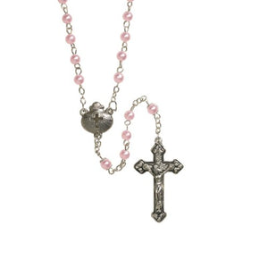 ROSARY - 5MM PINK IMITATION PEARL - SHELL WITH CROSS CENTER