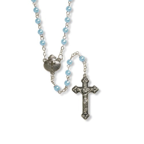 ROSARY - 5MM BLUE IMITATION PEARL - SHELL WITH CROSS CENTER