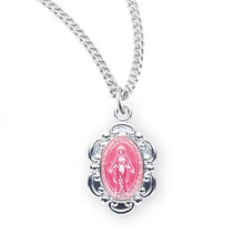 Load image into Gallery viewer, CHILD&#39;S MIRACULOUS MEDAL 0.6&quot; SS BAROQUE PINK ENAMEL ON 13&quot; CHAIN
