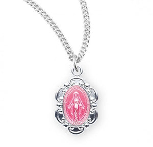 CHILD'S MIRACULOUS MEDAL 0.6" SS BAROQUE PINK ENAMEL ON 13" CHAIN