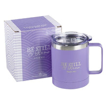 Load image into Gallery viewer, TRAVEL MUG WITH HANDLE - BE STILL - 11 OZ PURPLE FINISH
