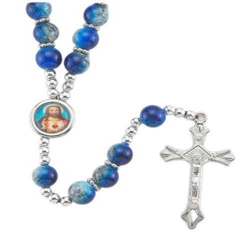 ROSARY -  MARBLEIZED BLUE 9MM BEAD & UNIQUE SILVERTONE SPACERS