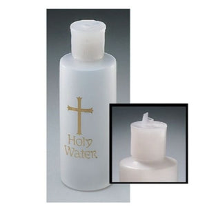 HOLY WATER BOTTLE - WHITE PLASTIC WITH GOLD CROSS - 4 OZ